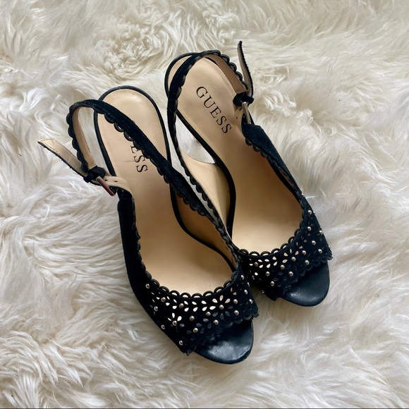 Guess Pumps GW Boardy Stacked Wooden Heel Peep Toe Sandal - Picture 3 of 11